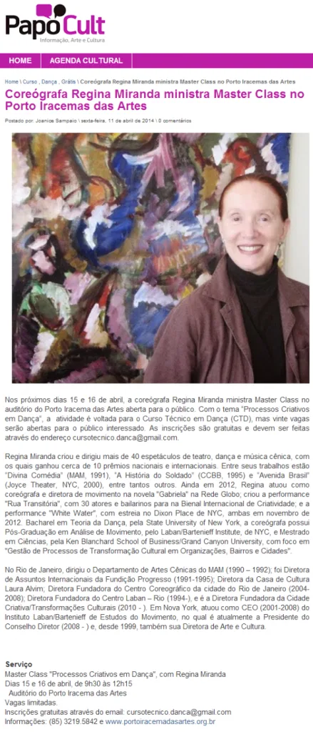 Coreógrafa Regina Miranda ministra Master Class no Porto Iracemas das Artes   Papo Cult