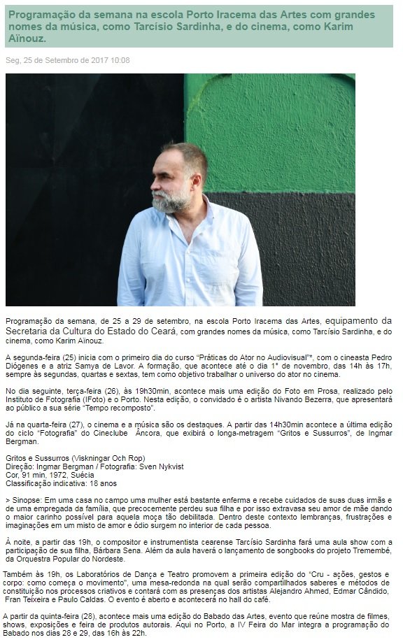 25.09.17 2 site secultce programacao da semana na escola porto iracema das artes com grandes nomes da musica como tarcisio sardinha e do cinema como karim ainouz