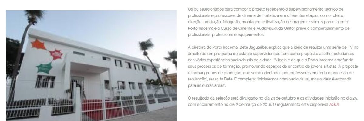 07.10.17-1 PC -- Porto Iracema abre processo seletivo para estágio em série de TV