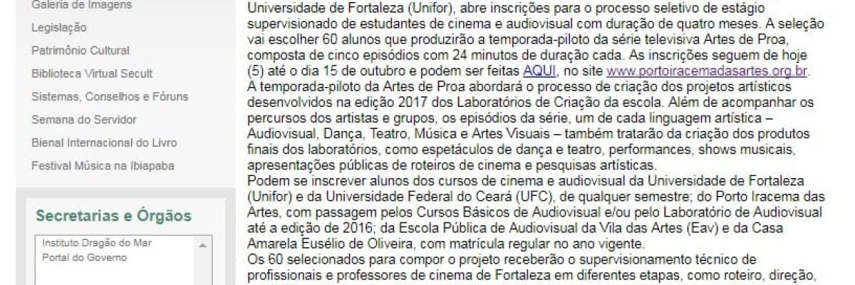 10.10.17-1 Porto Iracema abre processo seletivo para estágio em série de TV