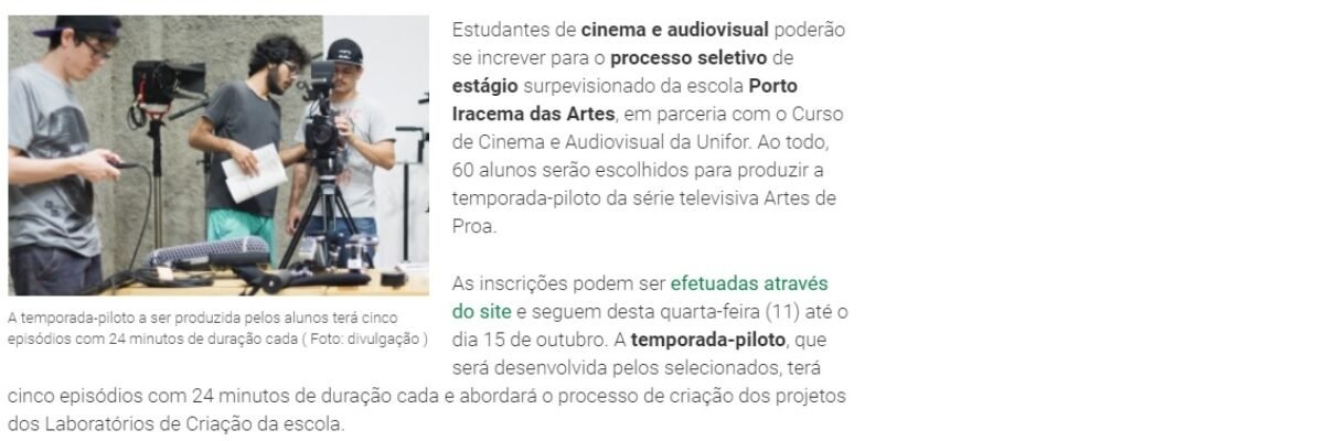 11.10.17-7 DN -- Inscrições abertas para processo seletivo de estágio do Porto Iracema das Artes