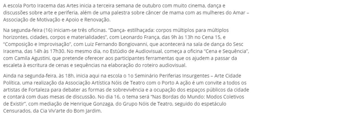 13.10.17-1 OE -- Porto Iracema das Artes oferece oficinas, seminário, palestras, cineclube e masterclass