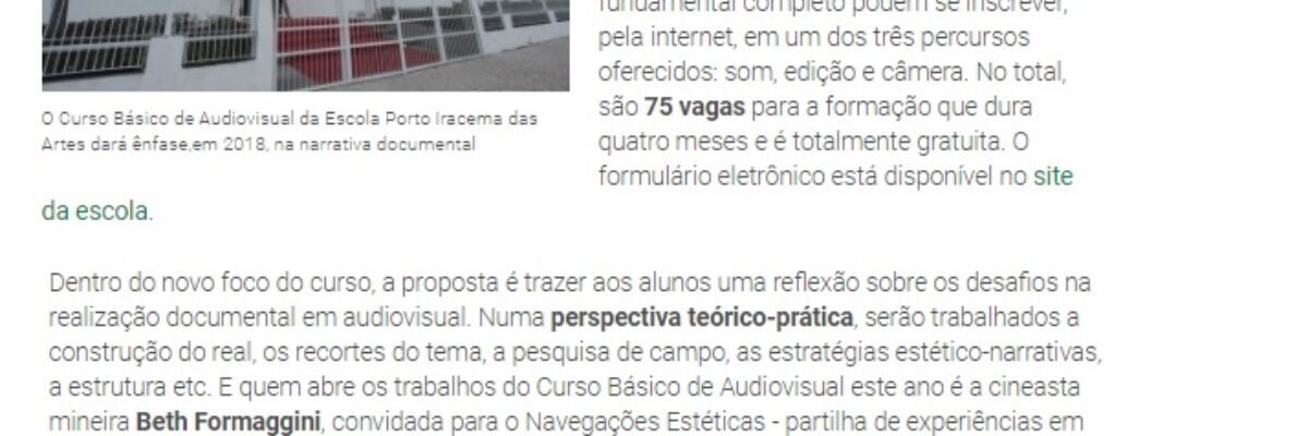15.01.18-1 DN -- Porto Iracema das Artes Abre inscrições para Curso Básico de Audiovisual 2018