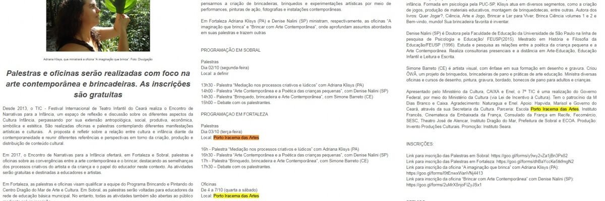 25.09.17-3 PI -- Festival. Encontro de Narrativas para a Infância acontece em Sobral e Fortaleza durante o 7º TIC