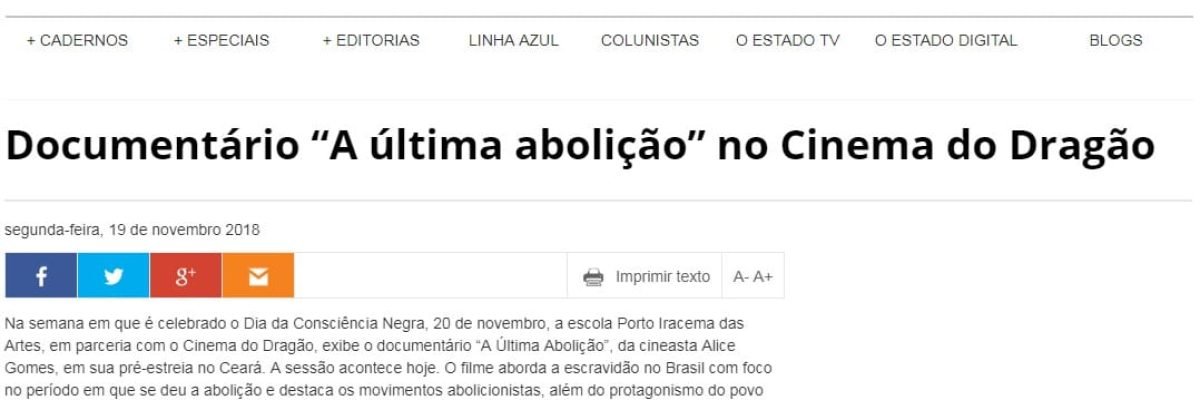 Documentário A Última Abolição no Cinema do Dragão - O Estado CE