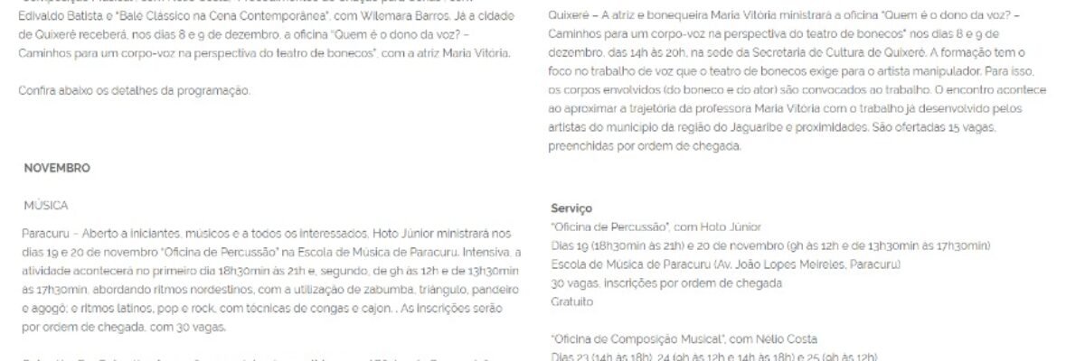 Porto Iracema leva seis oficinas de música, teatro e dança ao interior do Ceará no programa aBarca - PapoCult - 20-11-2018
